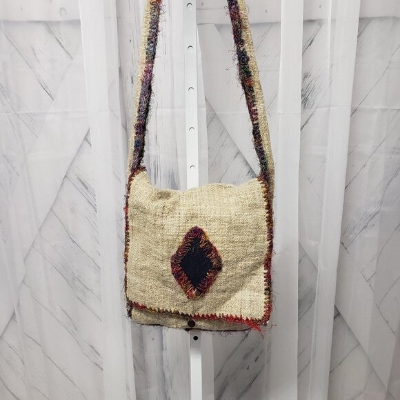 Lakhays Collection Oatmeal Fuzzy Trim 100% Hemp Messenger Crossbody Bag - Picture 1 of 15